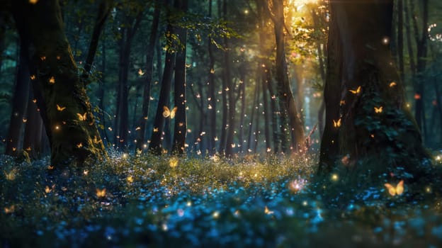 Shiny glowing magical fabulous forest with fireflies and butterflies. Generative AI design