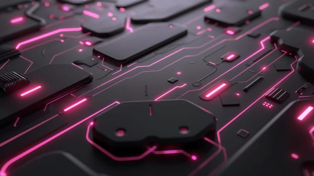 Black technology chip surface with purple neon lines abstract background. Generative AI design