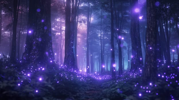 Shiny glowing magical fabulous forest with fireflies. Generative AI design