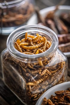Dried salted worms. Roasted mealworms in jar on a wooden table.
