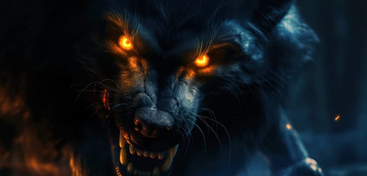 A grinning wolf with glowing eyes close-up. Generative AI image