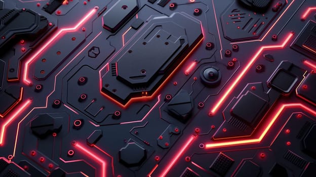 Black technology chip surface with purple neon lines abstract background. Generative AI design