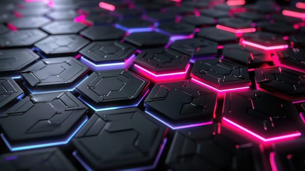 Hi-tech hexagonal pattern with blue purple neon light abstract background. Generative AI design