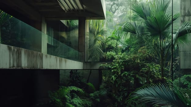 Tropical garden in courtyard of modern building. Generative AI image