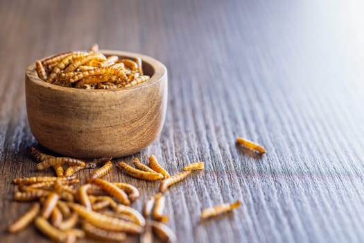 Dried salted worms. Roasted mealworms in bowl on a wooden table.