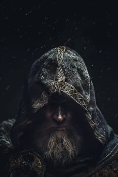 Close-up portrait of a northern Viking in the hood. Generative AI image