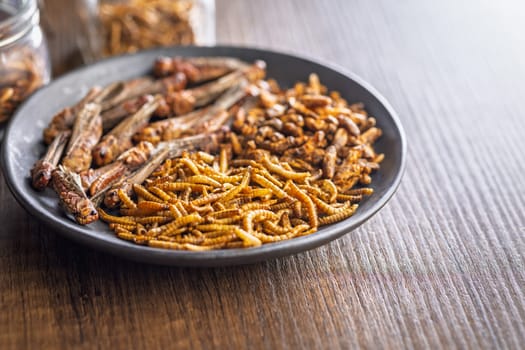 Dried salted insect. Mealworms, grasshoppers and crickets on plate on a wooden table.