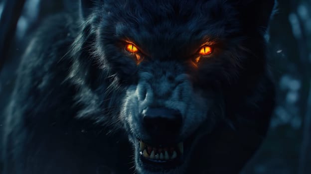 A grinning wolf with glowing eyes close-up. Generative AI image
