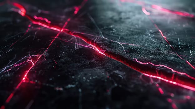 Dark grunge stone texture and purple glowing neon streaks abstract background. Generative AI design