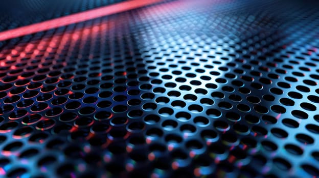 Black perforated metal texture abstract background. Generative AI design