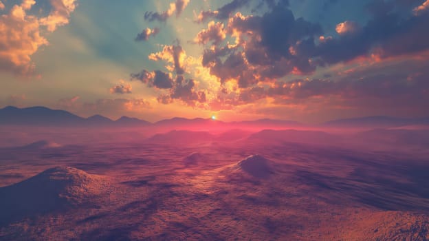 Desert plain landscape in the sunset rays. Generative AI image