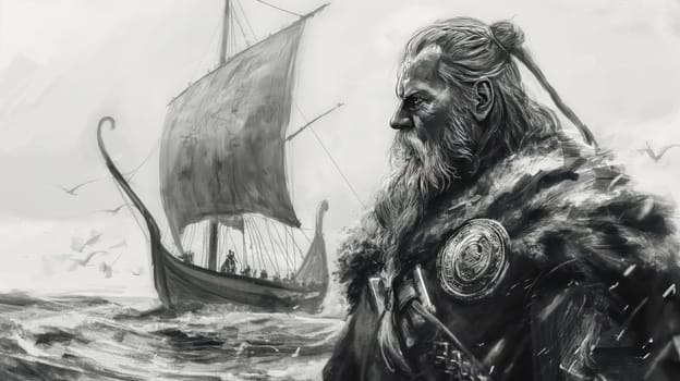 Sketch portrait of a northern Viking and drakkar rook. Generative AI drawing