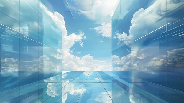 Glass geometric shapes and cloudy sky hi-tech background. Generative AI design