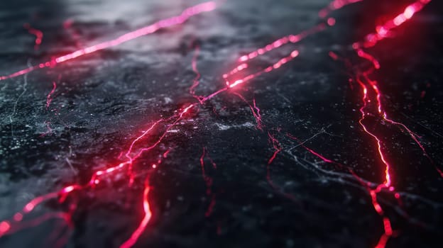 Dark grunge stone texture and purple glowing neon streaks abstract background. Generative AI design