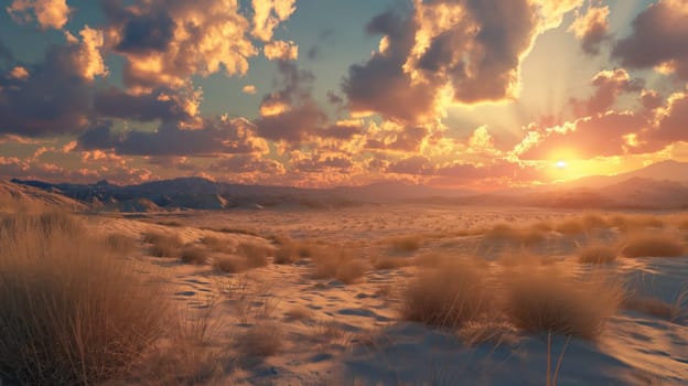 Desert plain landscape in the sunset rays. Generative AI image