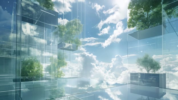 Glass geometric shapes, trees and cloudy sky hi-tech background. Generative AI design