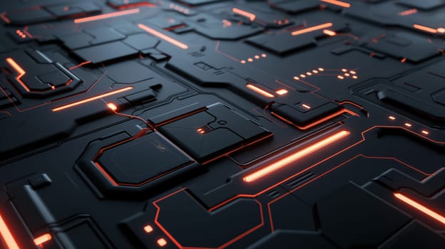 Black technology chip surface with orange neon lines abstract background. Generative AI design