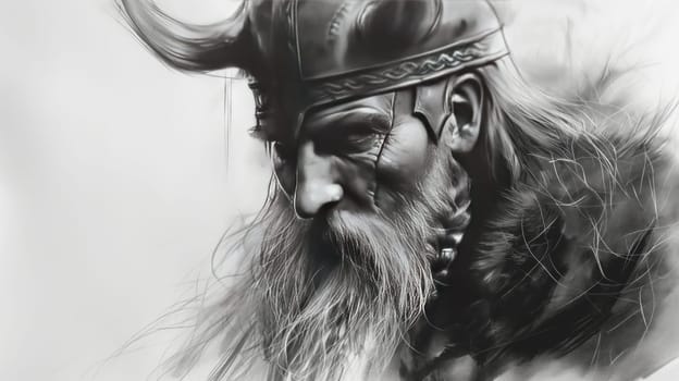 Close-up sketch portrait of a northern Viking. Generative AI drawing