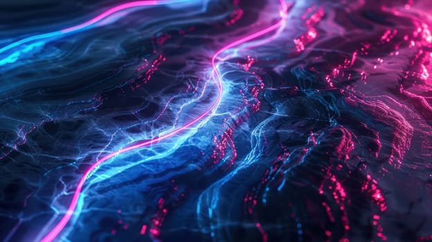Dark grunge stone texture and purple blue glowing neon waves abstract background. Generative AI design