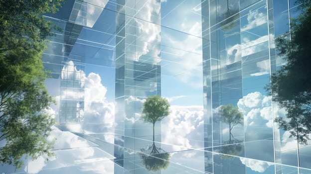 Glass geometric shapes, trees and cloudy sky hi-tech background. Generative AI design