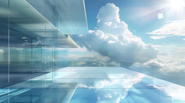 Glass geometric shapes and cloudy sky hi-tech background. Generative AI design