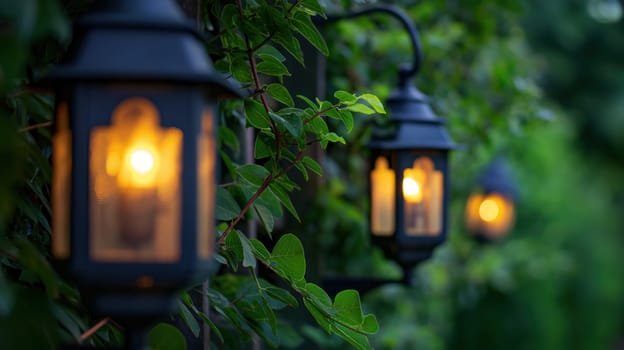 Lantern lamp with warm light in garden at night. Generative AI image