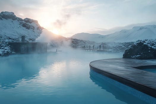 Blue Lagoon, a luxury hot spring resort with steaming waters and surrounded by black rock formations.