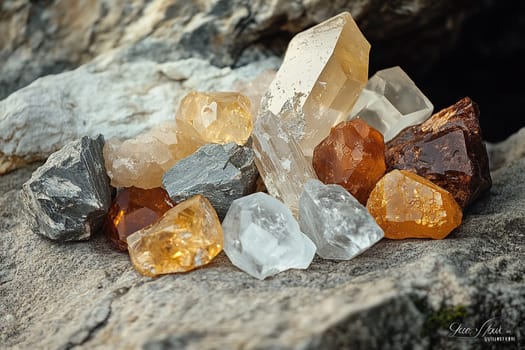 Precious natural materials in nature. Real semi-precious stones: amber, graphite, rose quartz, citrine, agate and others.
