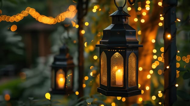 Lantern lamp with warm light in garden at night. Generative AI image