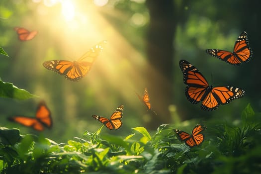 Beautiful butterflies flutter over the greenery of nature in the rays of the sun.