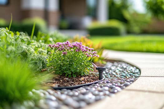 Ground level view of a beautiful backyard garden with green lawn, pebble path and flower bushes.