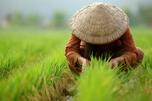 An elderly Asian female farmer harvesting rice in a field. A female farmer working in a rice field during harvest season