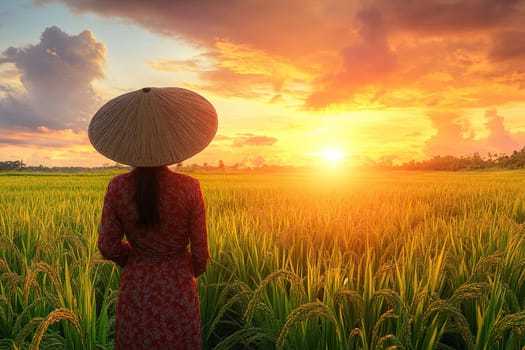 Slender woman in beautiful dress looking at rice field plantation. Sunset over rice field.