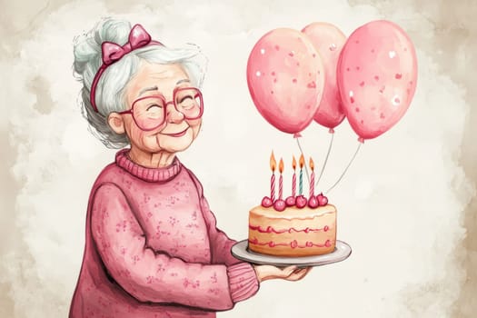 Gray-haired grandmother holding pink birthday cake and balloons