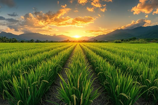 Landscape view of green rice field during sunrise. Sun rises over mountains in rice fields.