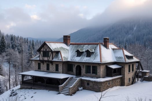 winter landscape snow house villa forest mountain High quality photo
