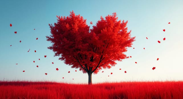 A red tree with a heart shape in the middle of a field of red grass. The tree is surrounded by red leaves and branches, and there are many red leaves scattered around the tree