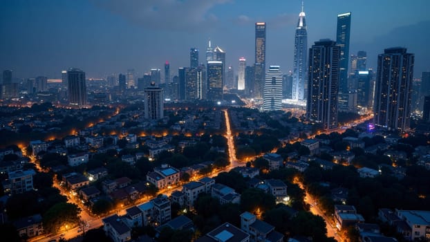 A city at night with a large building in the middle. The city is lit up with lights and the water is also lit up