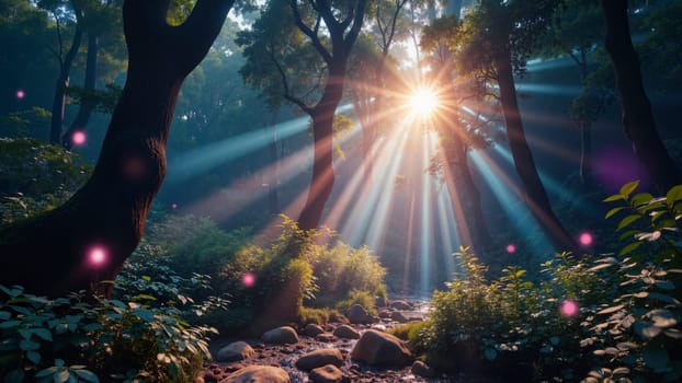 A forest with a sun shining through the trees. The sun is casting a warm glow on the forest floor
