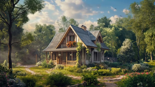 Wooden country house in the summer forest. Generative AI image