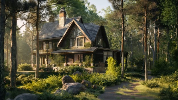 Wooden country house in the summer forest. Generative AI image
