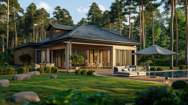 Wooden modern country house in the summer forest. Generative AI image