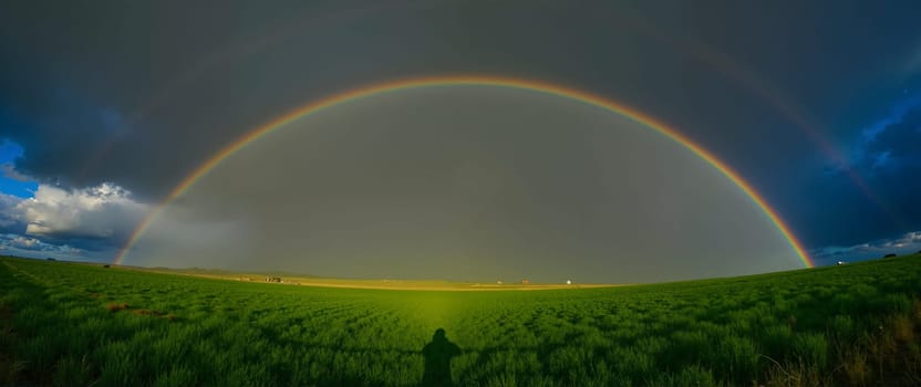 A rainbow is seen in the sky above a field of green grass. The sky is cloudy and the sun is not visible