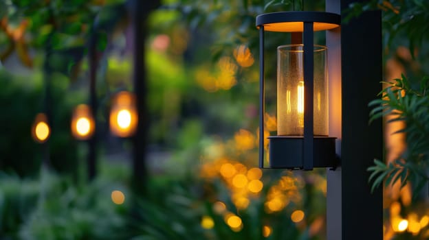 Lantern lamp with warm light in garden at night. Generative AI image