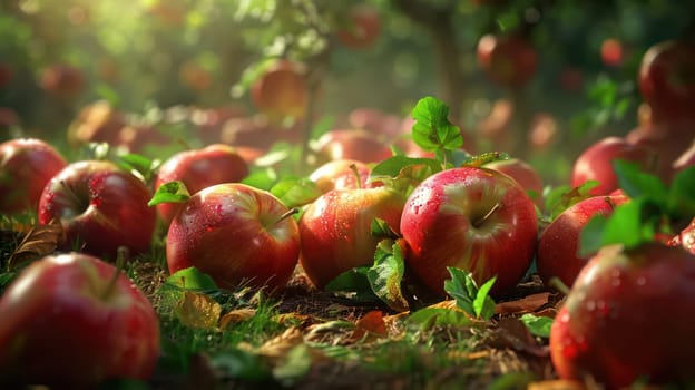 Red fallen apples in orchard in summer. Generative AI image