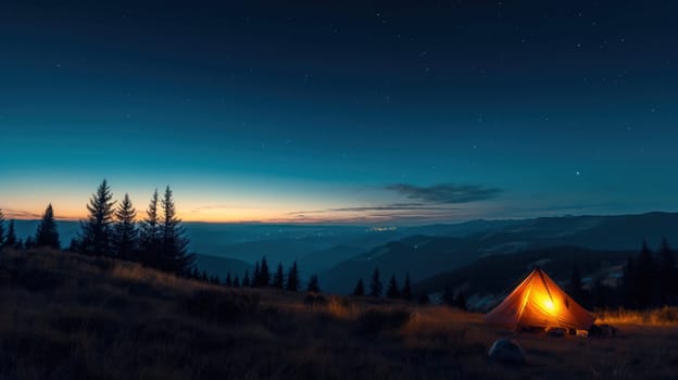 Night landscape with illuminated tent. Generative AI image