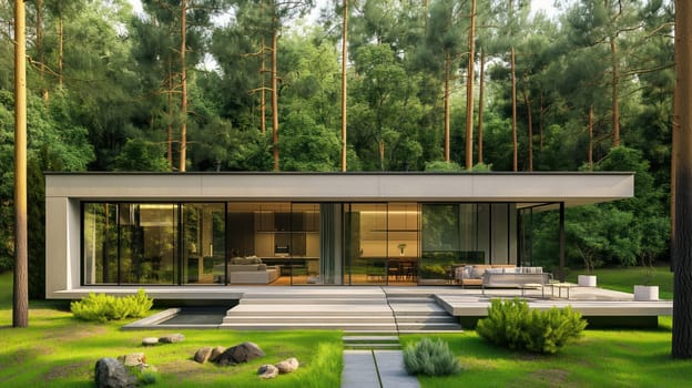 Minimal modern country house in the pine forest. Generative AI image