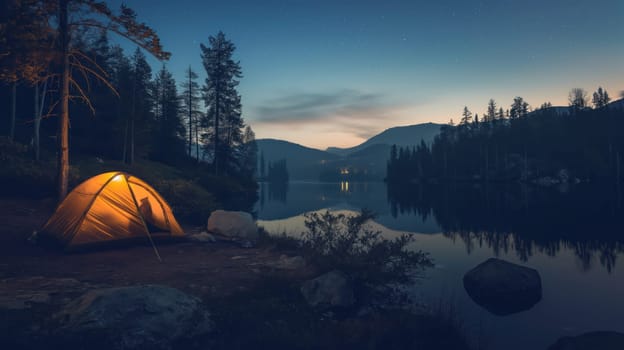 Night landscape with illuminated tent. Generative AI image