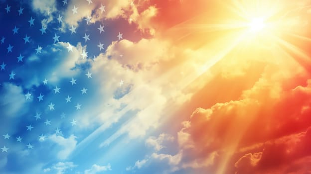 The USA flag design in sunny cloudy sky. Generative AI background