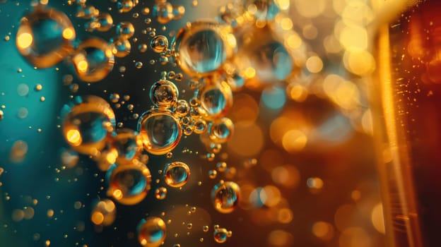 Glossy golden beer bubbles close-up. Generative AI image